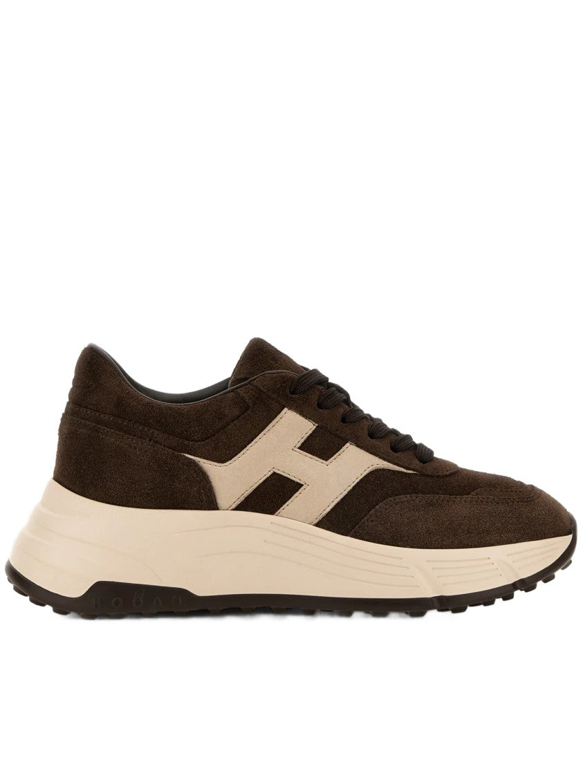 Hogan Dark Brown Suede Sneakers With Beige Logo And Cream Sole