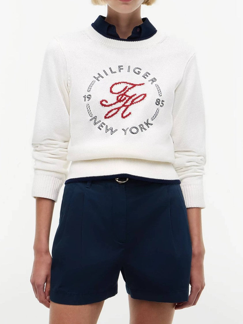 Tommy Hilfiger White Knit Embroidered Cropped Sweater