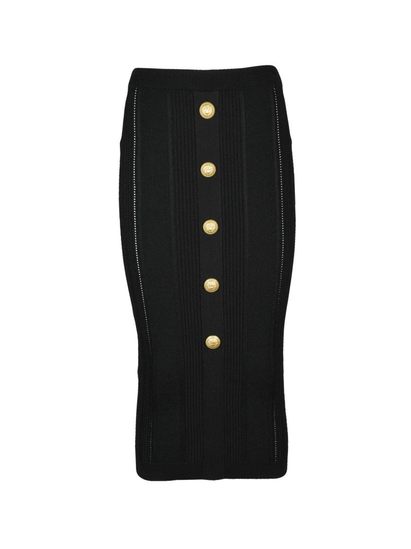 Balmain Stretch Knit Midi Skirt With Gold-Tone Button Detailing