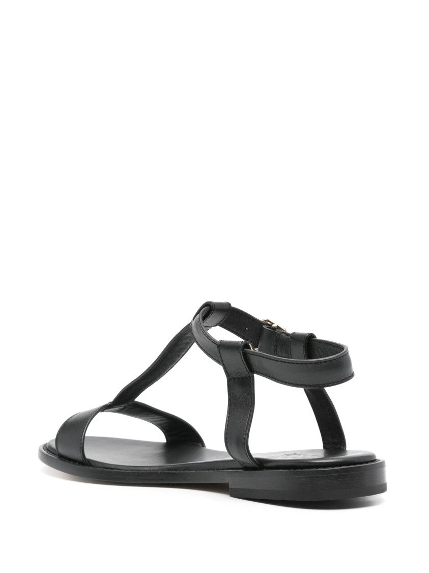 Doucal's Minimalist Black Sandals With T-Strap Buckle Closure