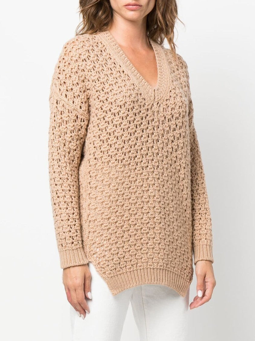 Agnona Beige Open-Knit Sweater With V-Neckline