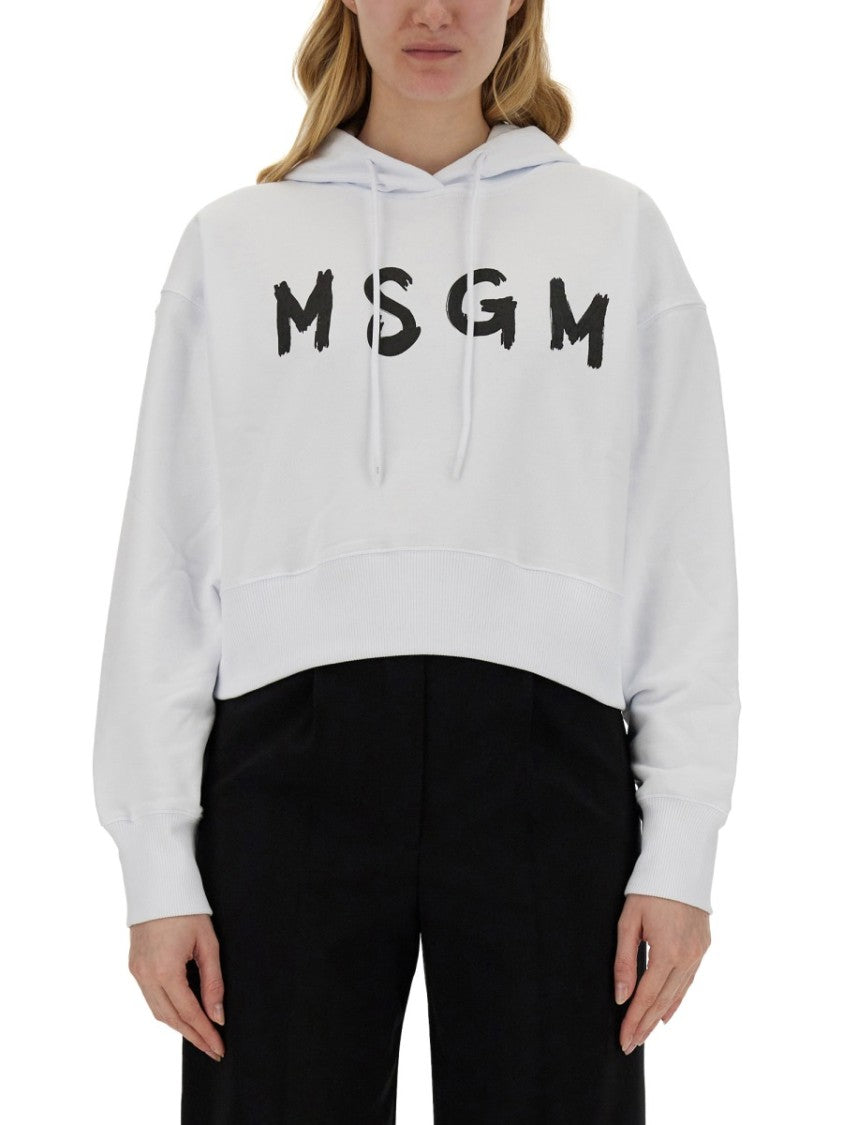 Msgm Cropped White Sweatshirt With Contrasting Logo