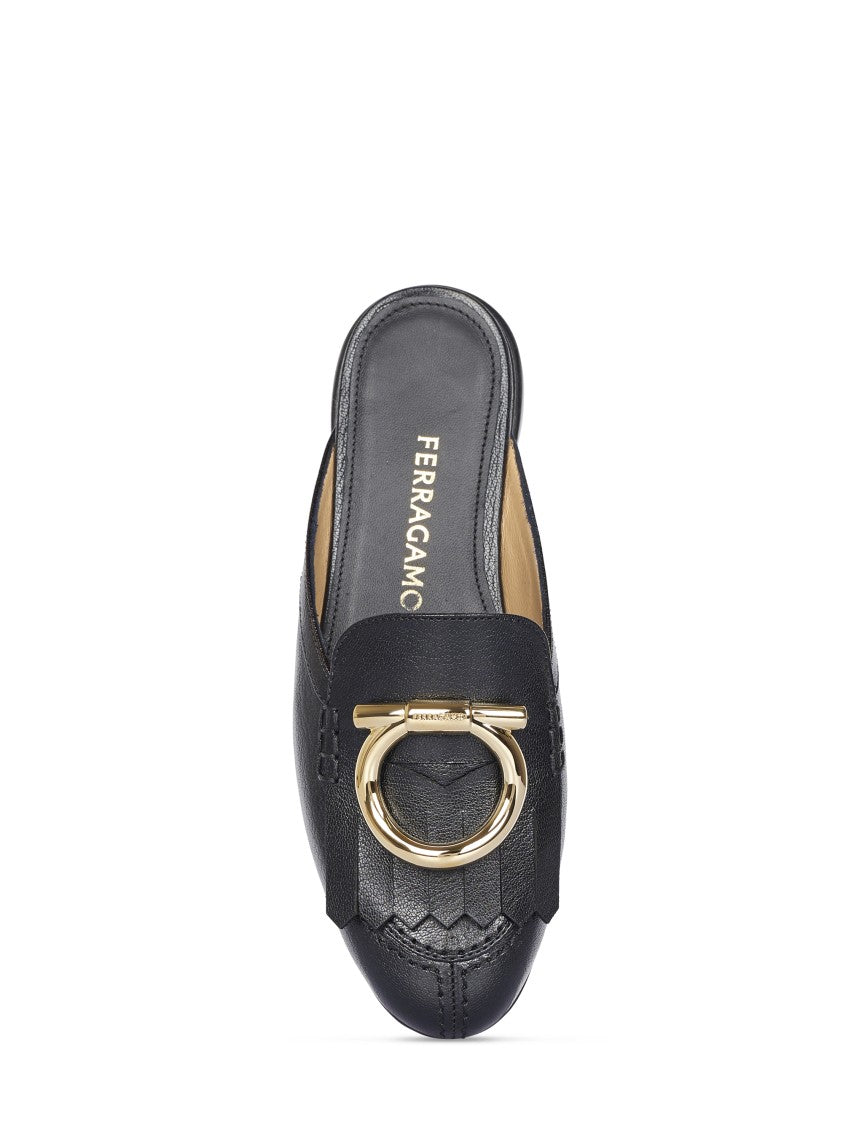 Ferragamo Textured Leather Flat Slip-On Shoes With Decorative Buckle