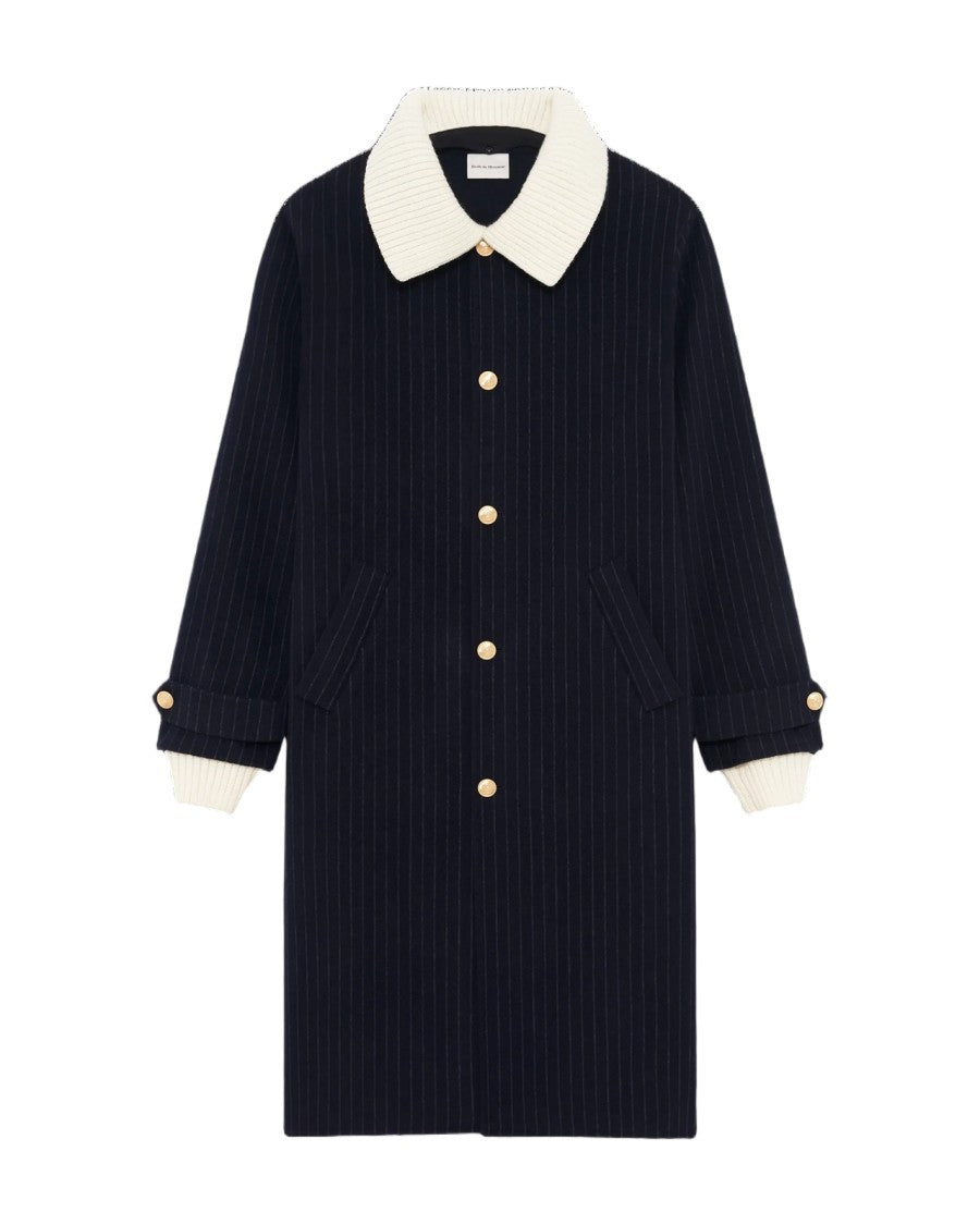 Drôle De Monsieur Dark Navy Striped Double-Sided Wool-Blend Coat