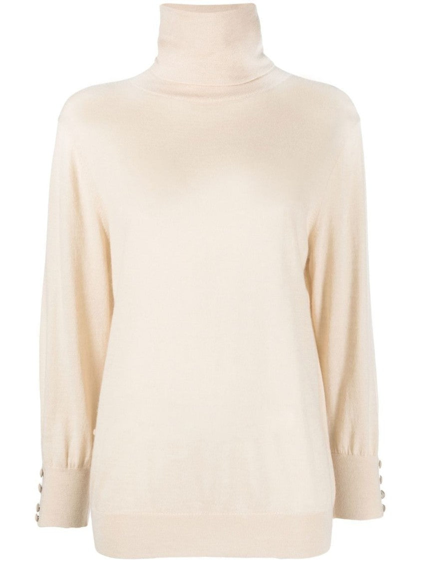 Max&Moi Beige Cashmere Sweater With Roll Collar And Decorative Cuffs