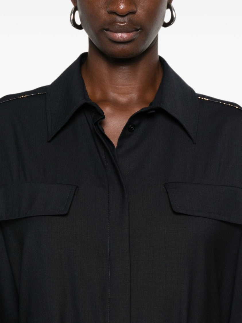 Fabiana Filippi Black Pointed Collar Fabric Belt Midi Dress