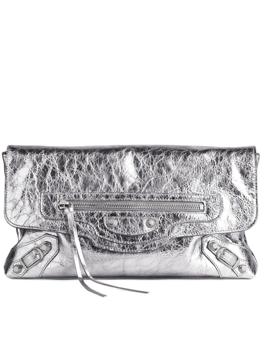 Balenciaga Le City Clutch Metallic Silver Crinkled Clutch
