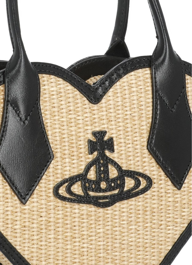 Vivienne Westwood Heart-Shaped Raffia Handbag With Leather Trim And Zip Fastening