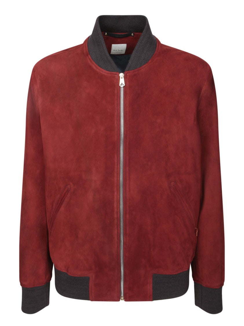 Paul Smith Red Suede Bomber Jacket With Ribbed Details