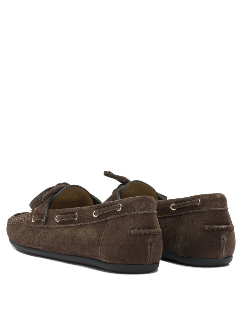 Ferragamo Brown Suede Loafers With Moccasin Toe And Lace-Up Bow
