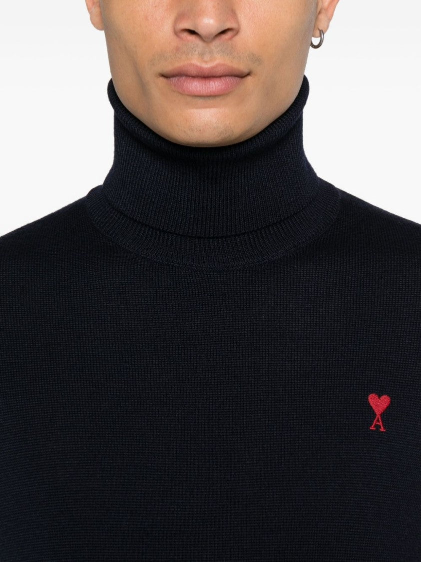 Ami Paris Ribbed High-Neck Turtleneck Sweater With Embroidered Logo