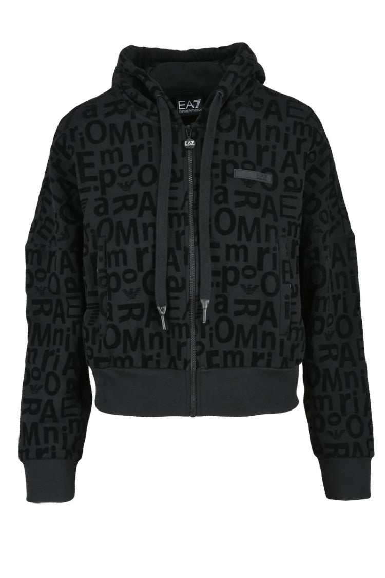 Ea7 Emporio Armani Black Cropped Velvet Hoodie