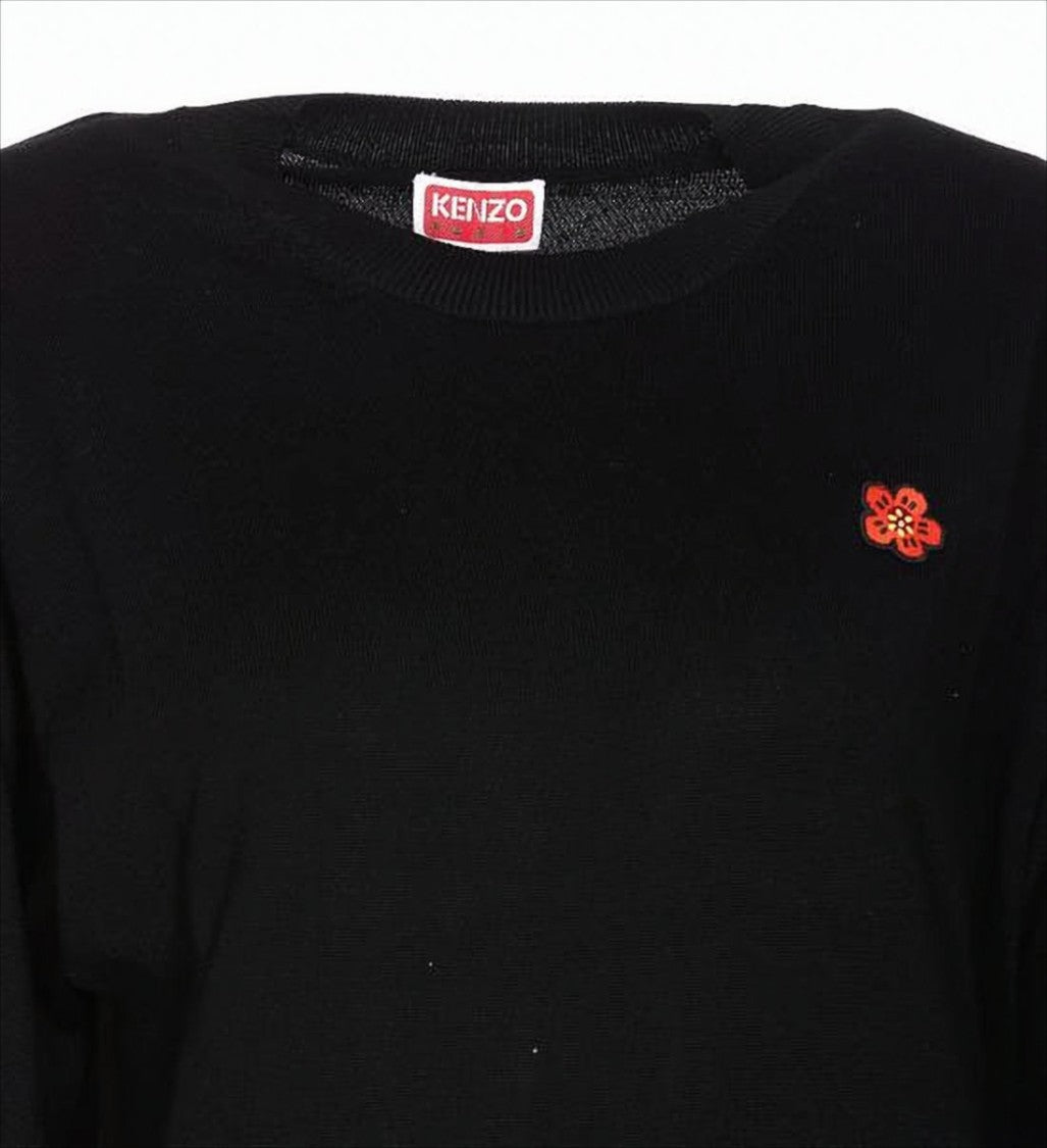 Kenzo Classic Black Wool Sweater With Embroidered Floral Detail