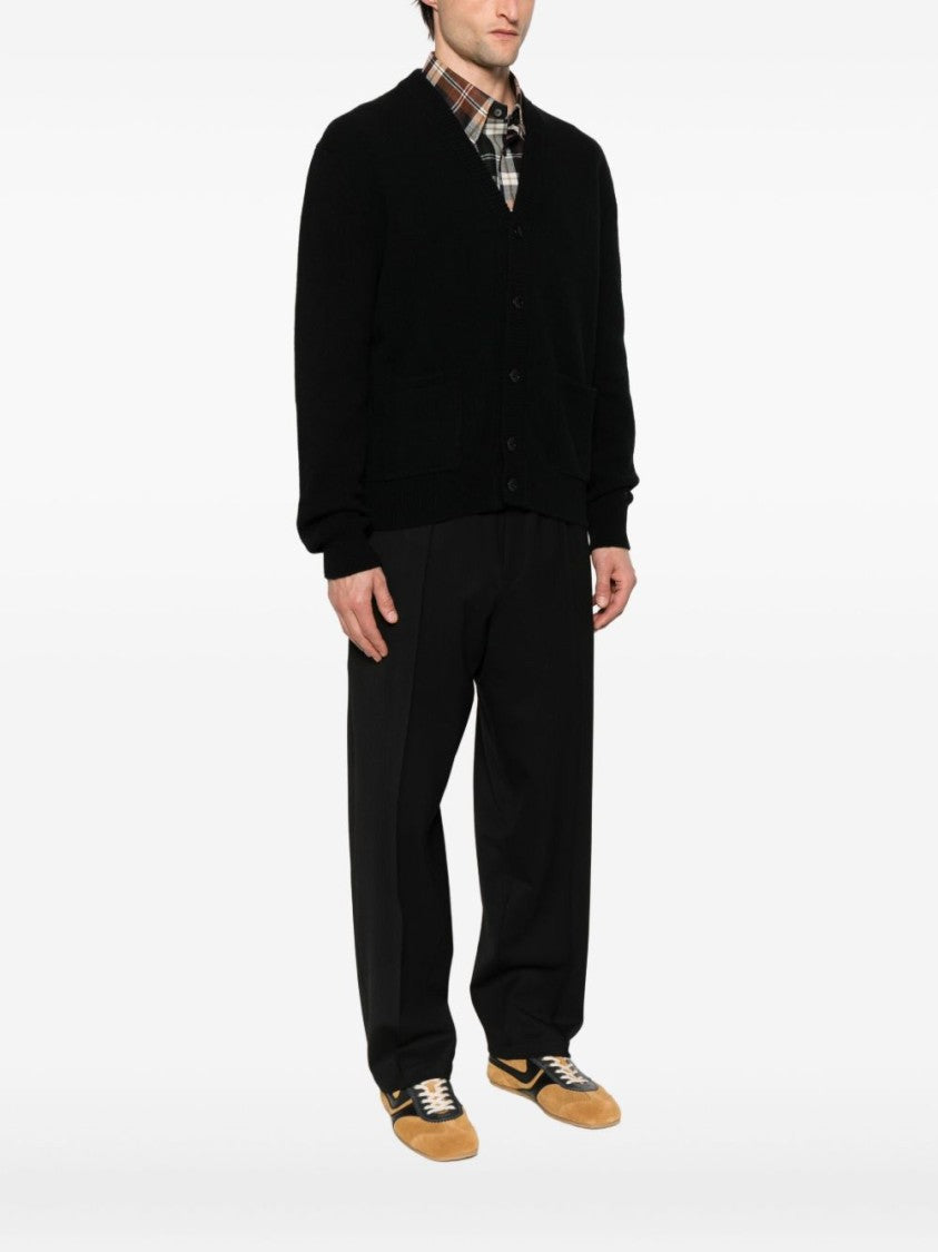 Seven Gauge Black Wool Cardigan With V-Neckline And Button-Down Front