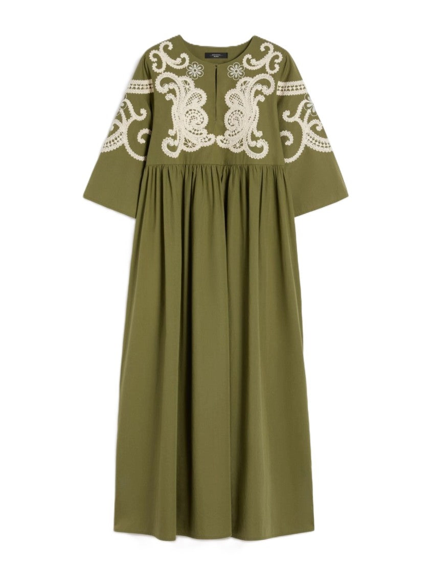 Max Mara Olive Green Midi Dress With Intricate Lace Embroidery