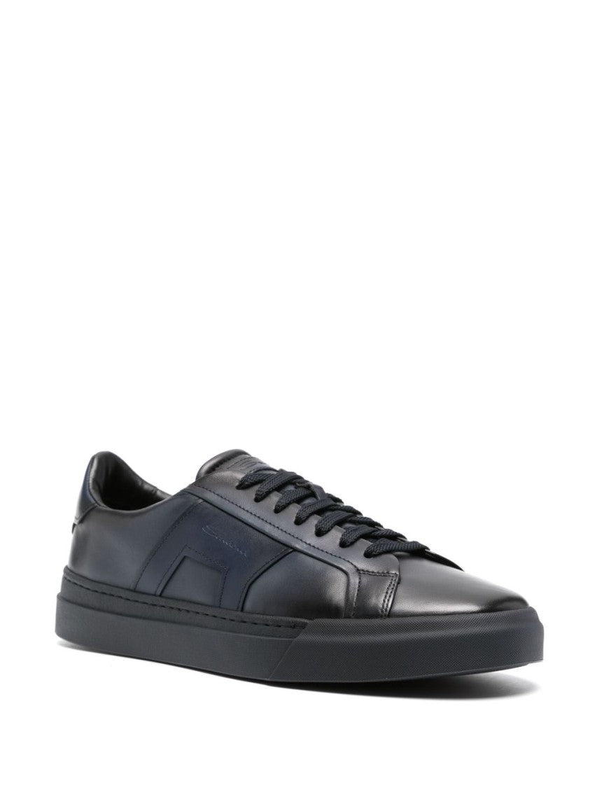 Santoni Navy Blue Calf Leather Lace-Up Sneakers