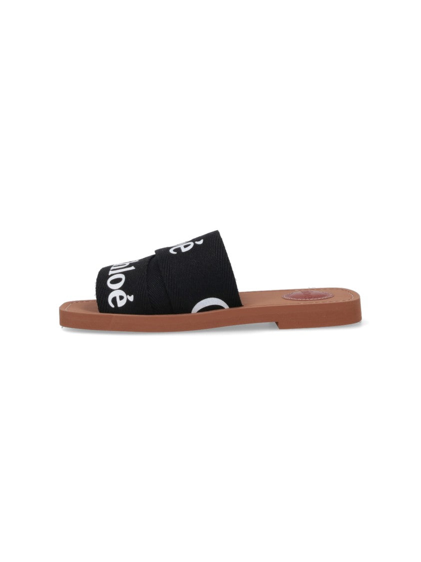 Chloé Black Woody Embroidered Linen Sandal