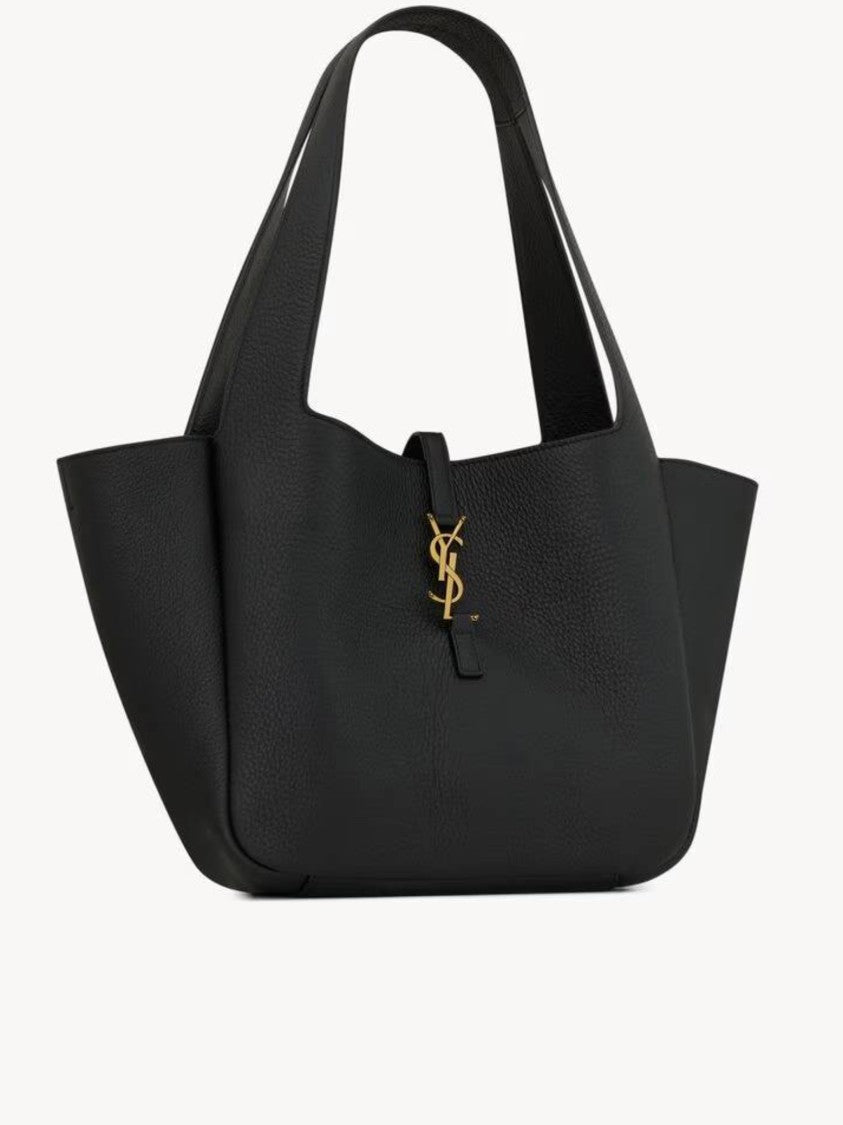 Saint Laurent Bea S Pebbled Leather Gold-Logo Tote Bag