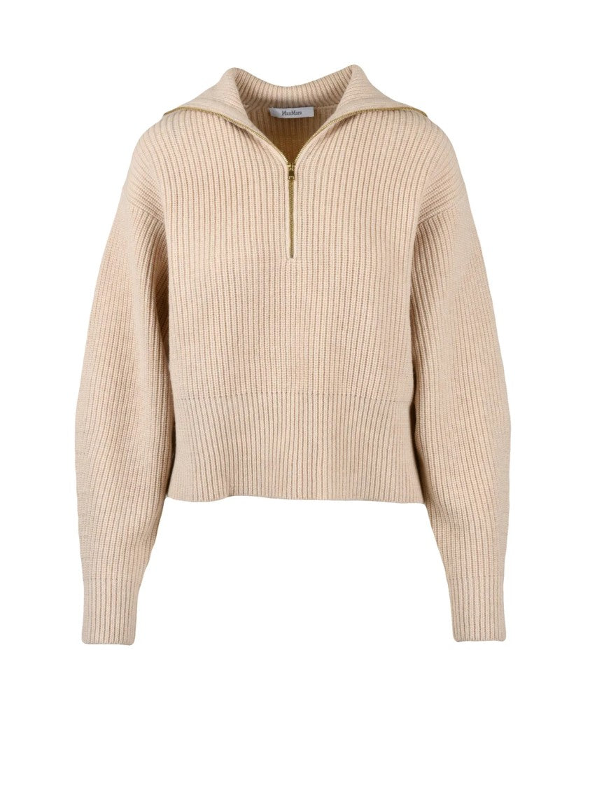 Max Mara Ribbed Knit Sweater With Zip Neck And Cropped Silhouette