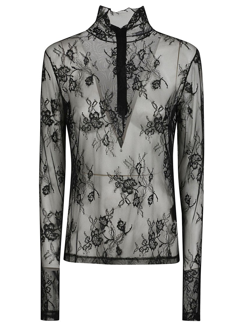 Patrizia Pepe Sheer Lace Long Sleeve Turtleneck Sweater With Intricate Floral Patterns