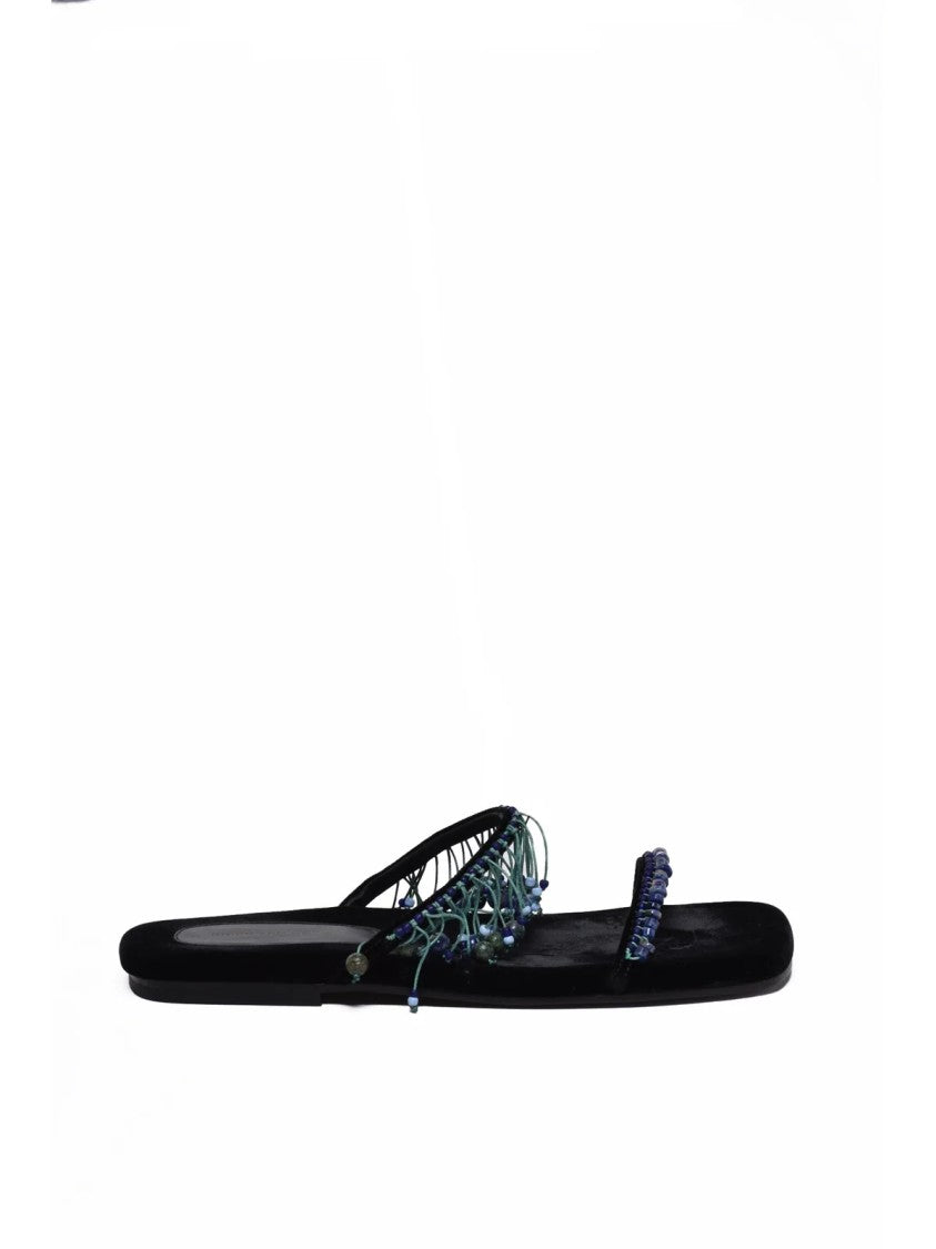 Dries Van Noten Beaded Black Velvet Flat Mules