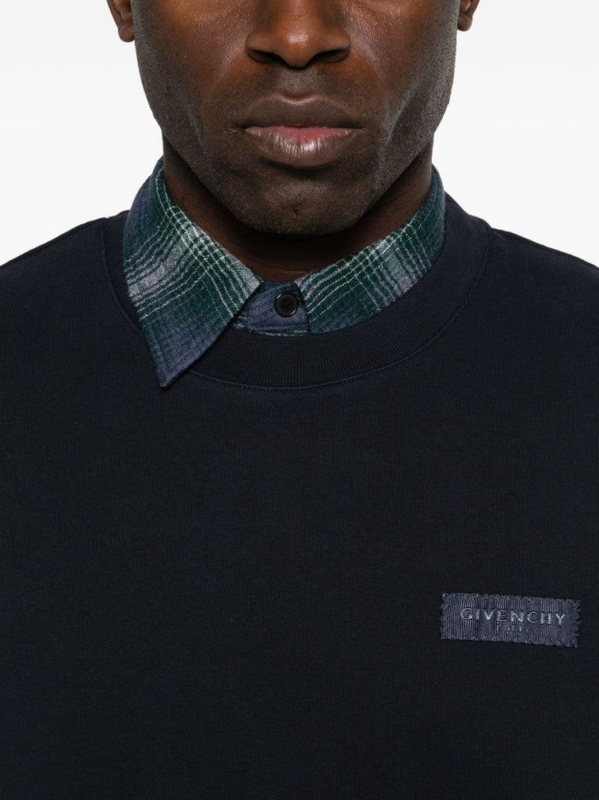 Givenchy Navy Crew Neck Sweater With Ribbed Details And Logo