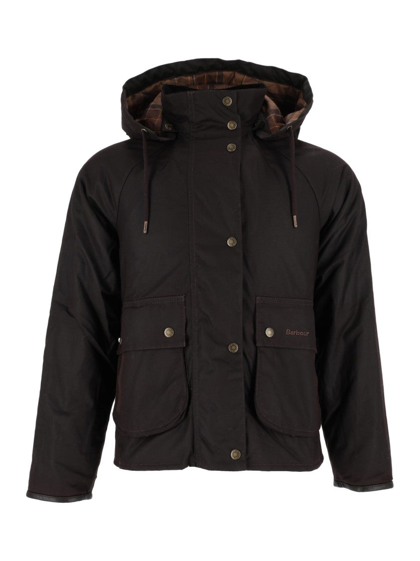 Barbour Cropped Black Waxed Cotton Jacket With Hood And Flap Pockets