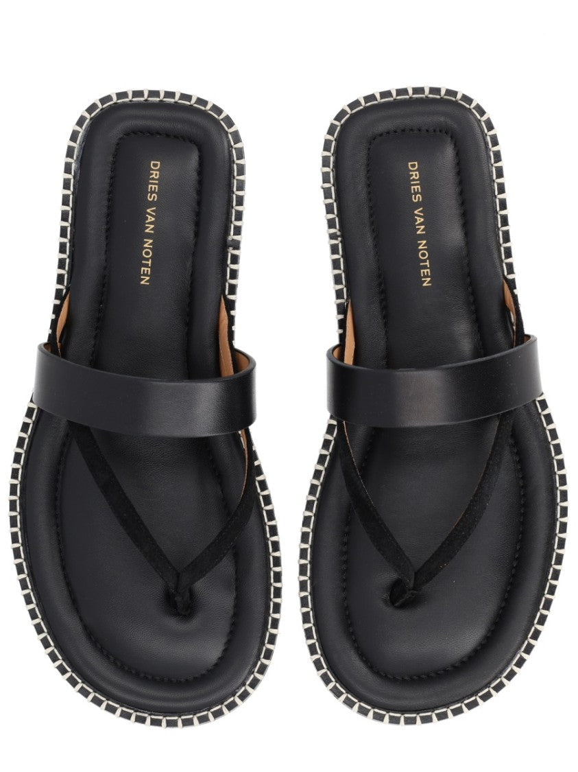 Dries Van Noten Black Toe Loop Smooth Leather Sandals