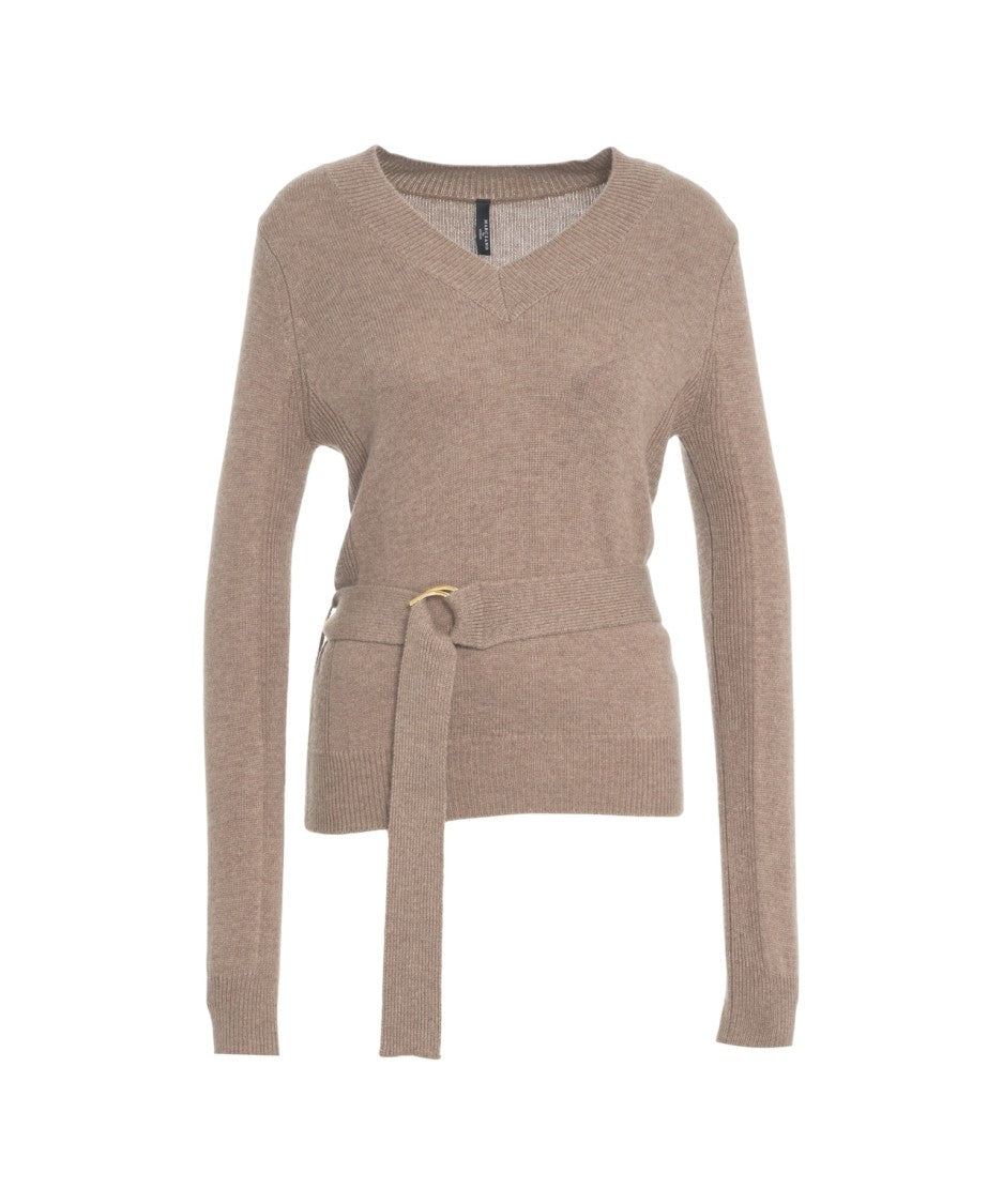 Guess By Marciano Beige Knit Sweater With Gold Buckle Detail