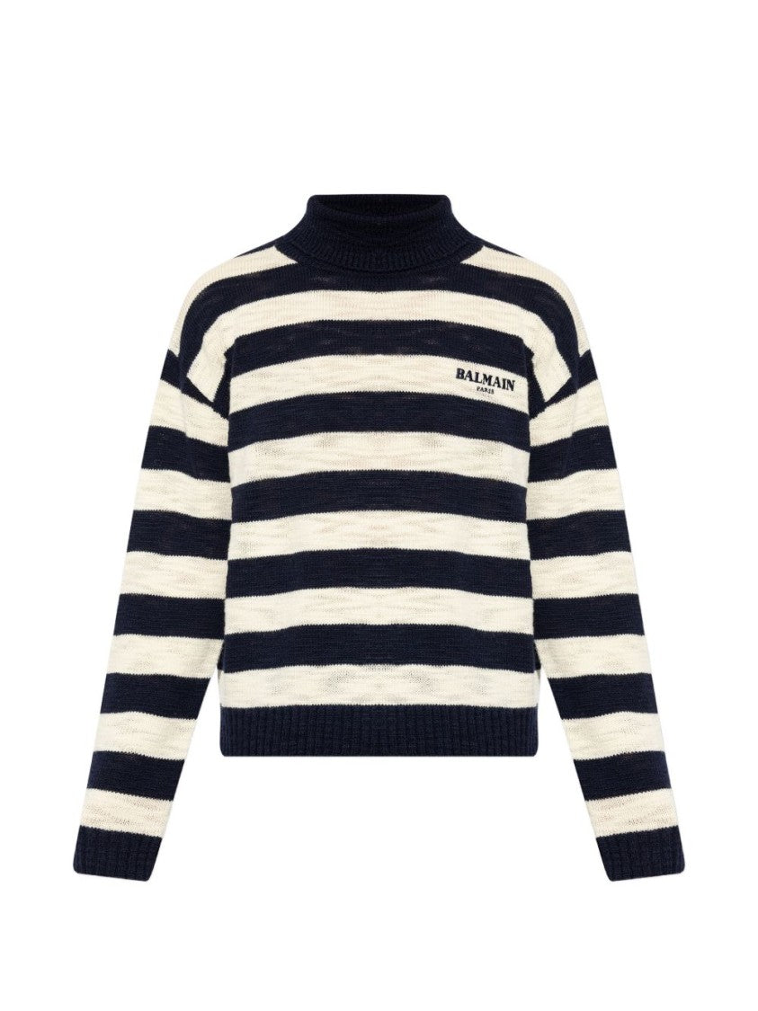 Balmain Navy/Off-White Horizontal Stripe Knit Sweater