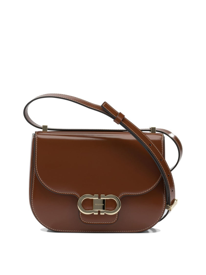 Ferragamo Curved Flap Brown Leather Crossbody Bag With Gold-Tone Gancini Clasp