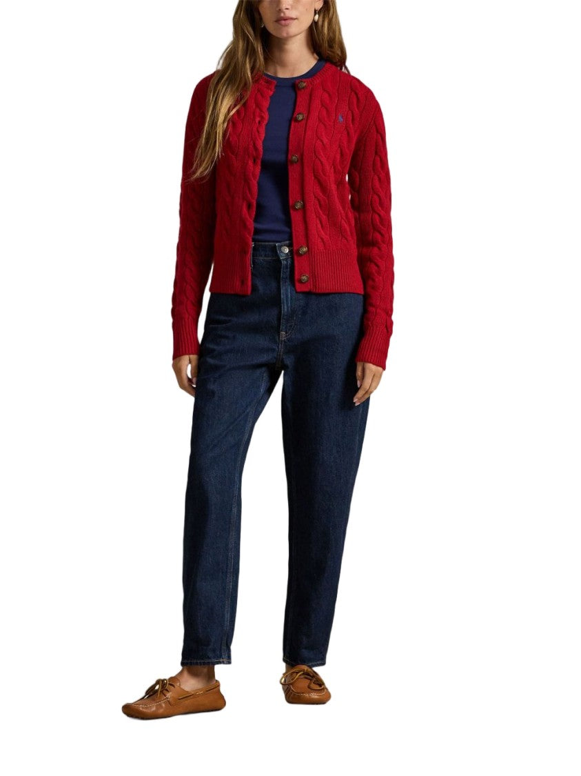 Polo Ralph Lauren Cable-Knit Cardigan In Rich Red Wool-Cashmere Blend