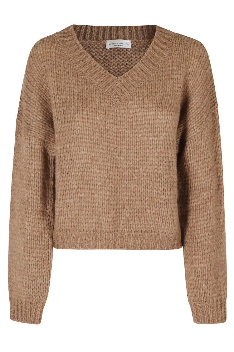 Roberto Collina Chunky Knit Camel V-Neck Sweater With Ribbed Trim