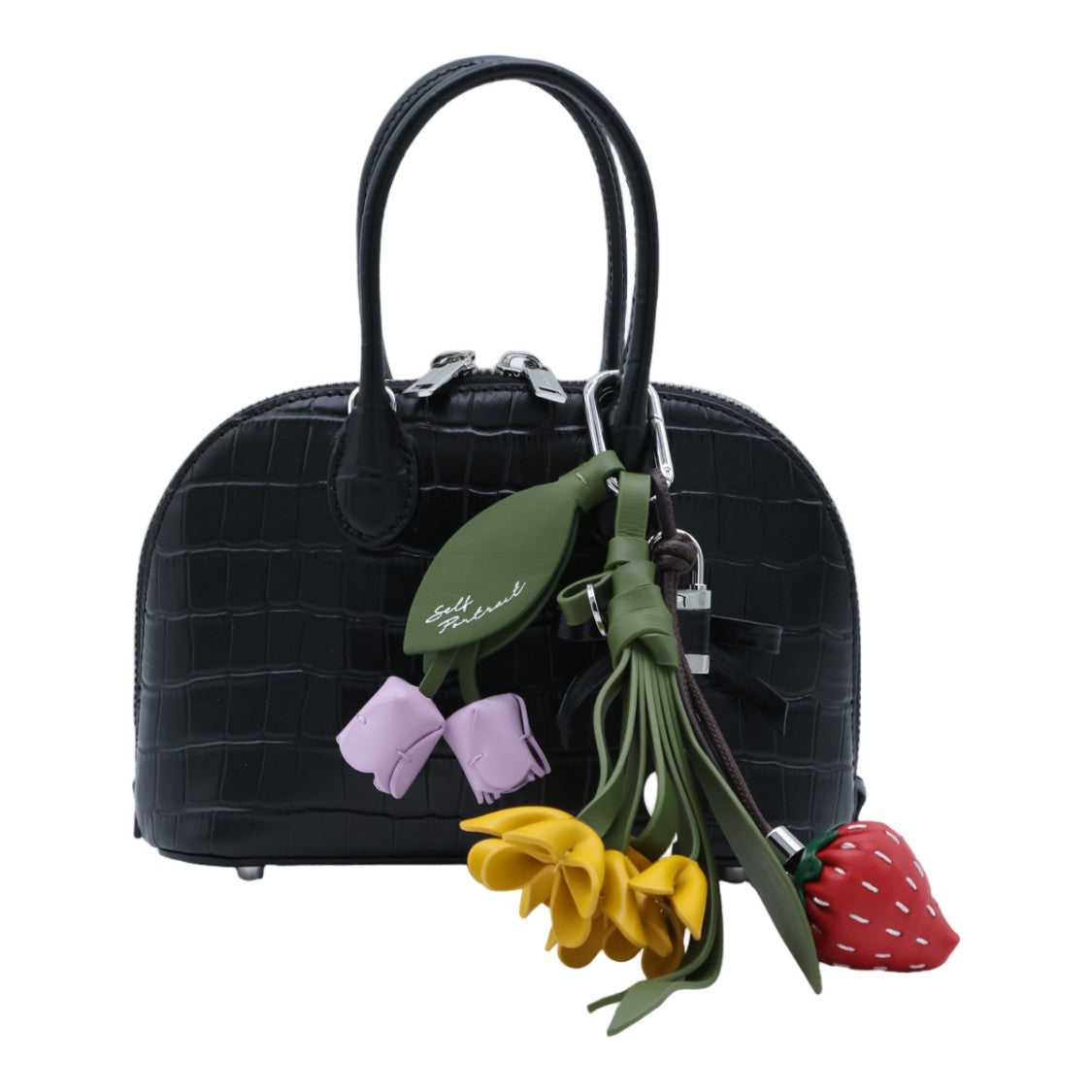 Self-Portrait Black Crocodile-Embossed Structured Charm Leather Top-Handle Bag