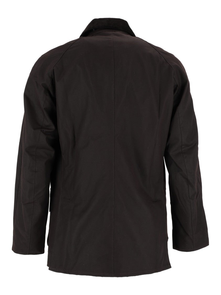 Barbour Matt Finish Waxed Cotton Jacket With Corduroy Collar And Flap Pockets