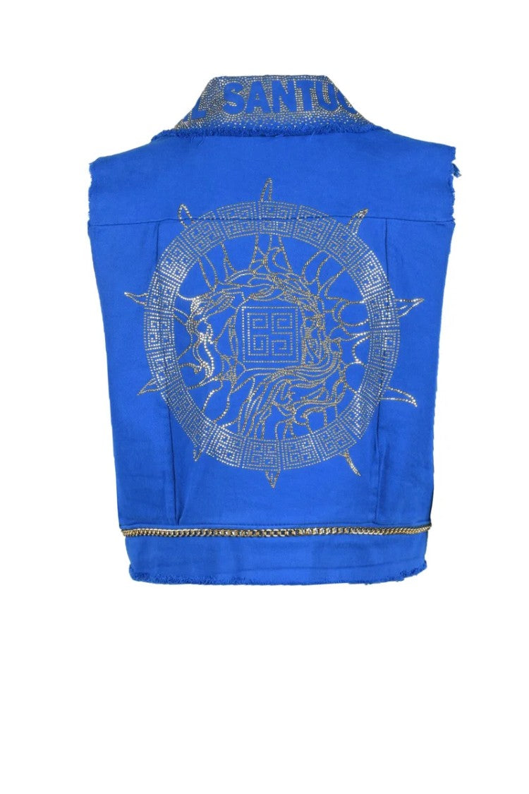 Gil Santucci Cropped Blue Vest-Style Coat With Gold Embellishments And Artistic Prints