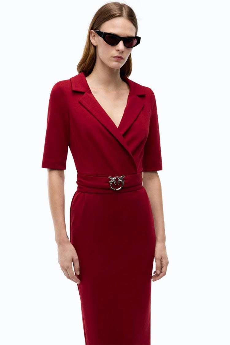 Pinko Red Viscose-Nylon Blend Buckle-Belt Wrap Dress