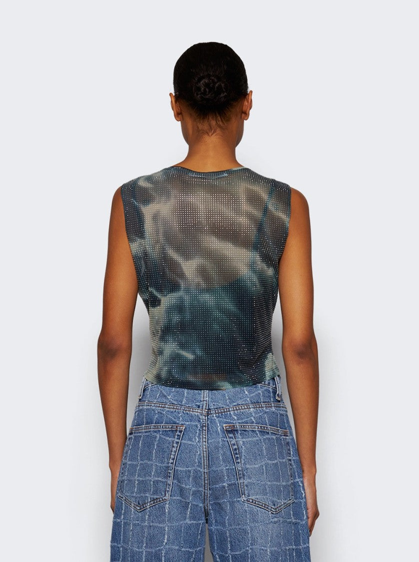 Alexander Wang Crystal Hotfix Organza Jersey Tank Top Cloud-Print