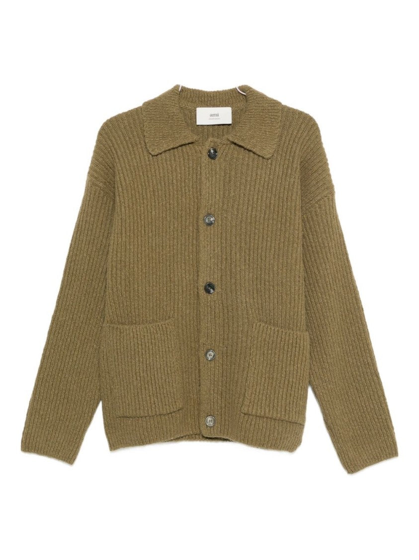 Ami Paris Brown Green Ribbed Point Collar Sweater
