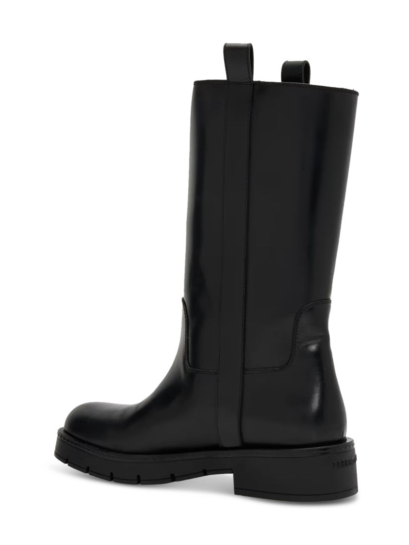 Ferragamo Nyves Mid-Calf Gold Detailing Leather Boots