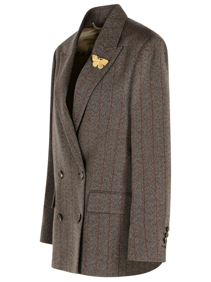 Golden Goose Double-Breasted Pinstripe Dark Brown Wool Blazer