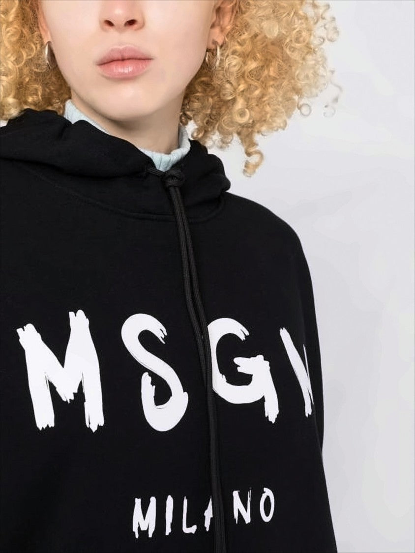 Msgm Relaxed Fit Black Hoodie With Bold Lettering