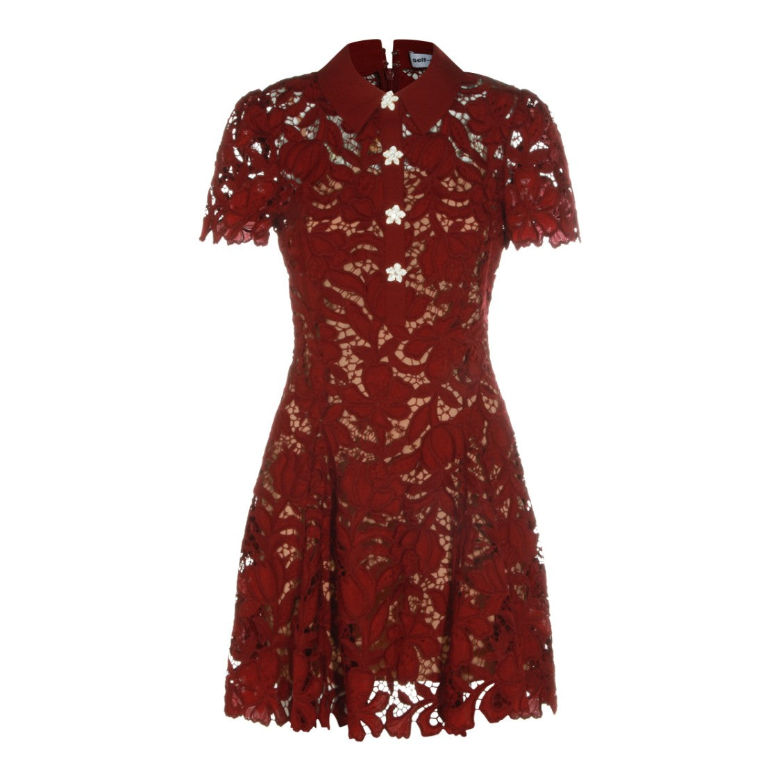 Self-Portrait Mini Lace Dress With Crystal Button Detail And Structured Collar