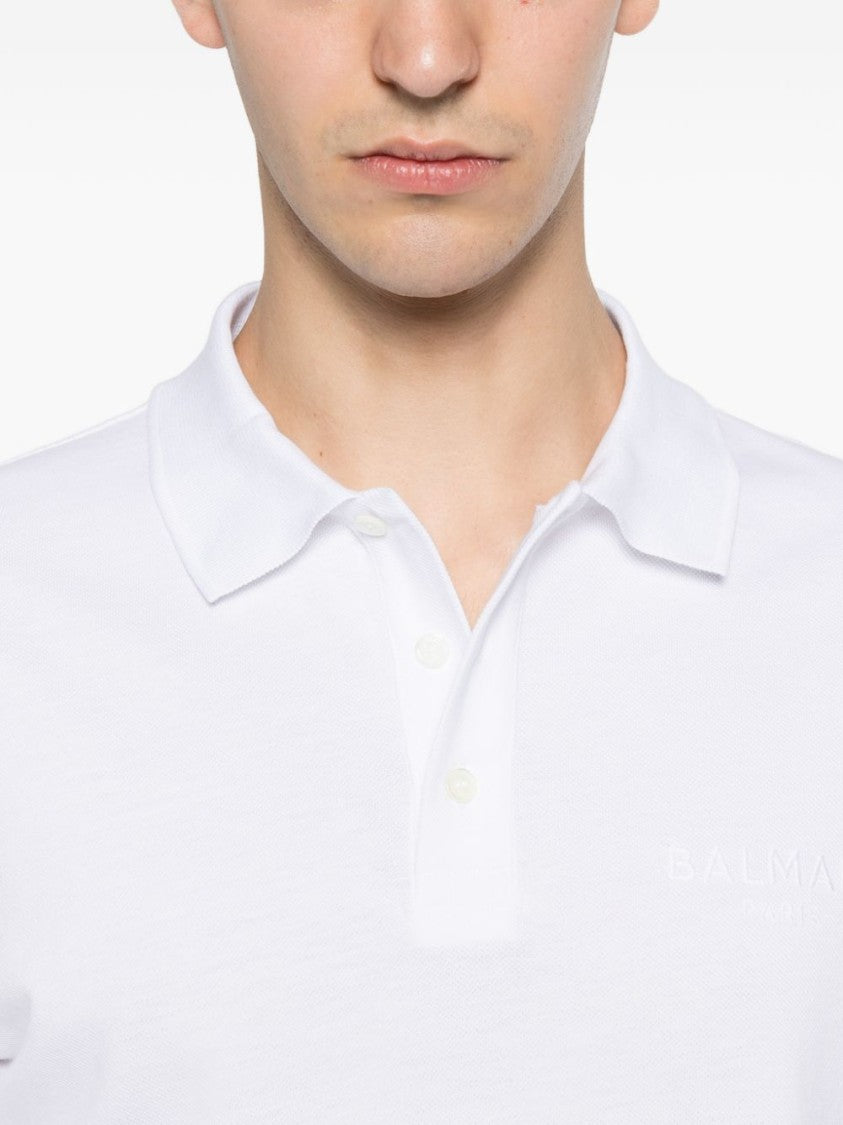 Balmain White Embroidered Piqué Polo Shirt