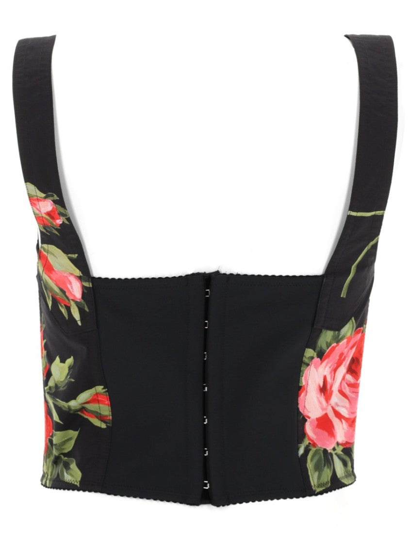 Dolce & Gabbana Black Floral Print Sweatheart Bustier Top