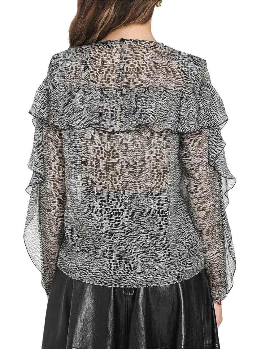 Elisabetta Franchi Ruffled Semi-Sheer Black Silk Blouse With Elegant Detailing