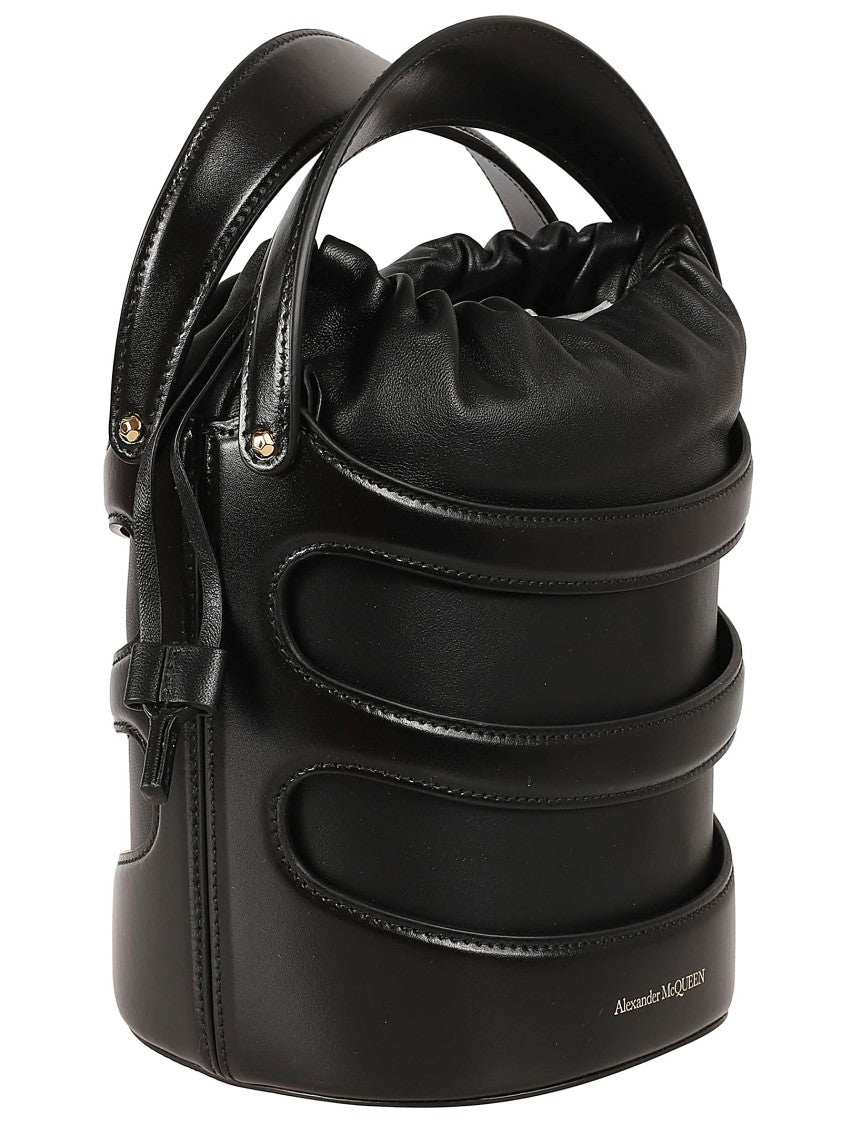 Alexander Mcqueen Structured Black Leather Bag With Drawstring Closure