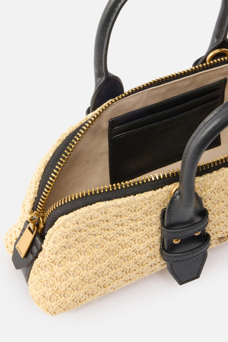 Pinko Beige Escape Raffia-Effect Leather Handles Polyethylene Tote Bag