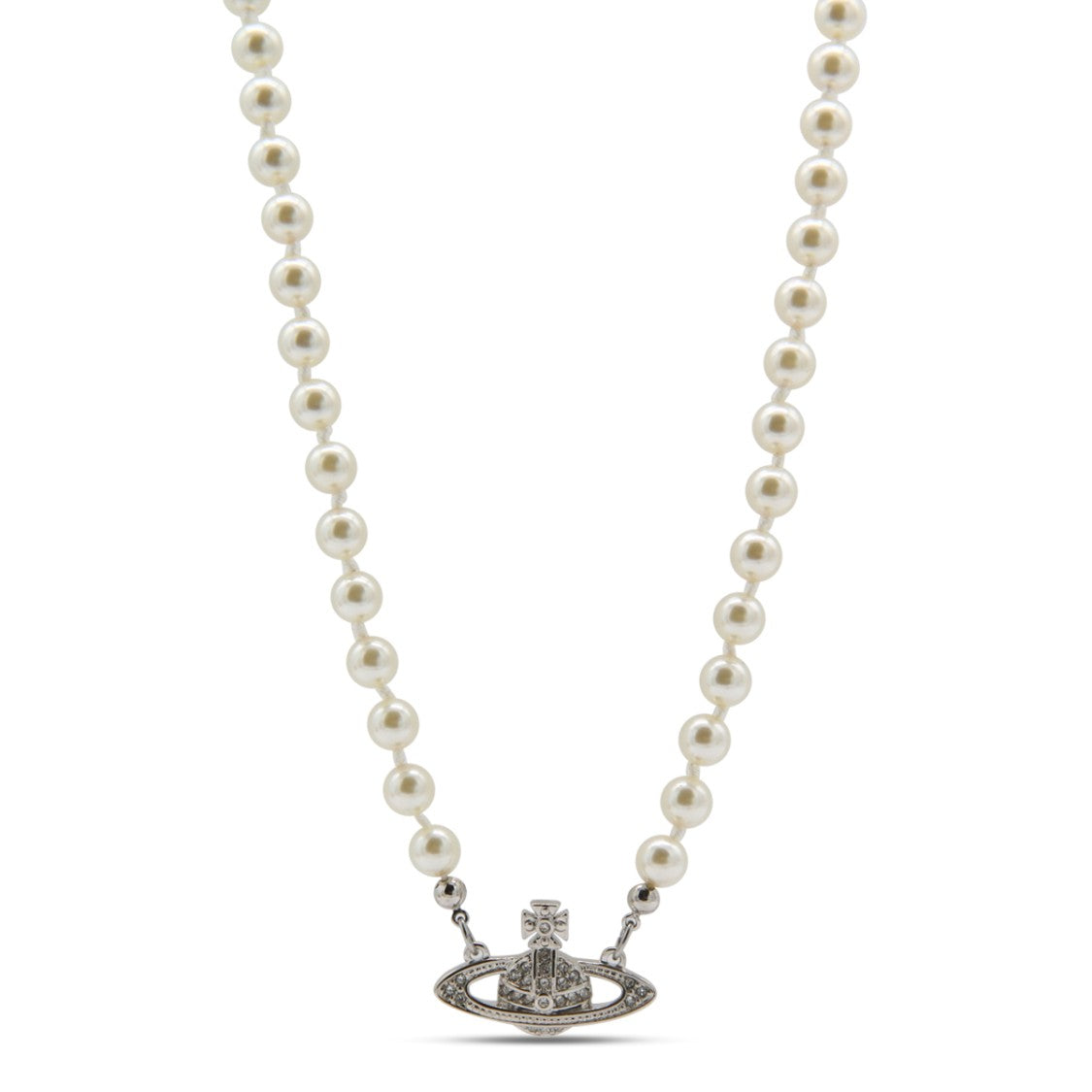 Vivienne Westwood Pearl Platinum Brass Emblem Logo Necklace