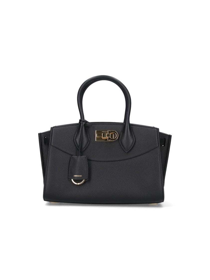 Ferragamo Structured Black Leather Handbag With Gold-Tone Closure